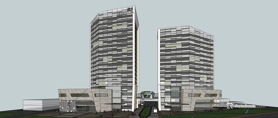 Modern Twin High Rise Commercial Complex With Glass Curtain Walls And Entrance Plaza 3d model 