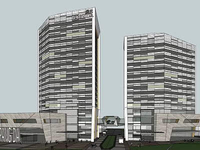 Modern Twin High Rise Commercial Complex With Glass Curtain Walls And Entrance Plaza 3d model