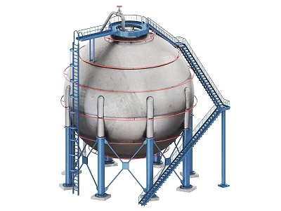 Industrial Spherical Storage Tank With Blue Stairs Platform And Metal Supports 3d model