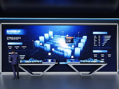 Modern Digital Exhibition Hall Featuring Interactive Data Visualization Screens and Control Consoles 3d model