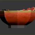 Ramen In Octagonal Red Bowl With Soft Boiled Eggs Red Toppings Green Garnish And Chopsticks