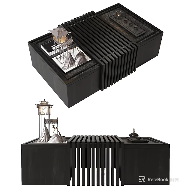 Modern Black Coffee Table Design With Mini Lighthouse And Rockery Decorations 3d model 