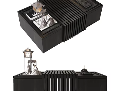 Modern Black Coffee Table Design With Mini Lighthouse And Rockery Decorations 3d model