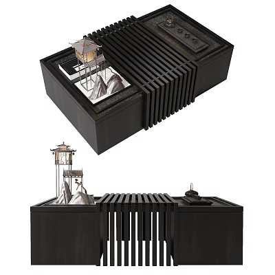 Modern Black Coffee Table Design With Mini Lighthouse And Rockery Decorations 3d model