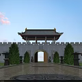 Ancient Chinese City Gate Tower With Stone Wall And Circular Pavement Under Cloudy Sky