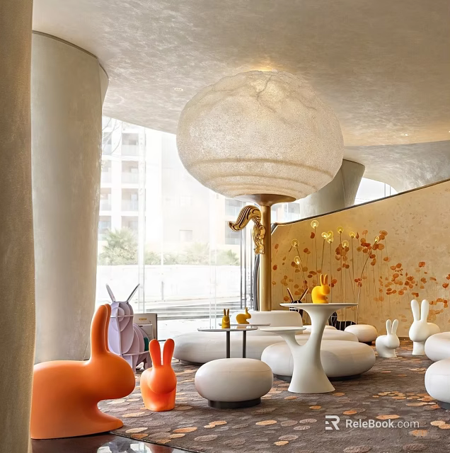 Unique Interior Space With Rabbit Seats Spherical Chandelier And Round Furniture 3d model 