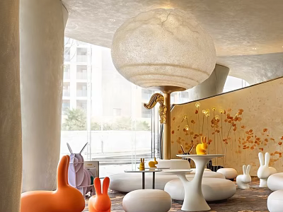Unique Interior Space With Rabbit Seats Spherical Chandelier And Round Furniture 3d model