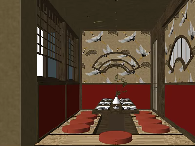 Japanese Style Private Room Interior With Red Walls Crane Patterns Circular Windows And Red Cushions 3d model