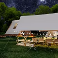 Garden Landscape With White Tipis Under Starry Sky Trees Tables Chairs Hay Bales Log Stacks