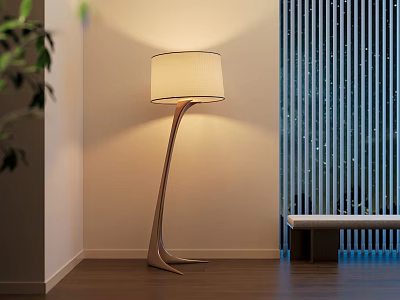 Modern Floor Lamp With Curved Stand And Beige Shade In Living Room With Wooden Floor 3d model