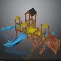 Colorful Kids Playground Structure With Blue Slides Wooden Tower And Yellow Climbing Frame