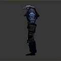 Dark Armored Character With Mythical Creature Inspired Design And Blue Glowing Parts