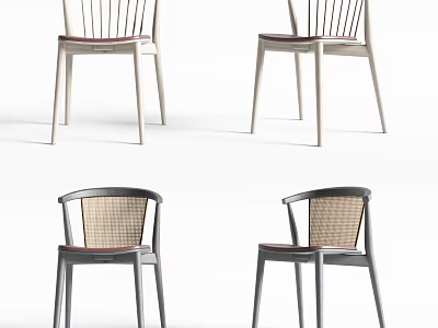 Modern Dining Chairs With Slat Rattan Back Wooden Frame And Light Dark Tones Design 3d model