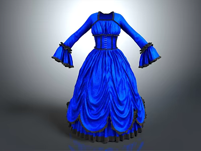 Elegant Blue Vintage Dress With Long Sleeves Ruffled Hem And Black Trim 3d model