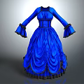 Elegant Blue Vintage Dress With Long Sleeves Ruffled Hem And Black Trim