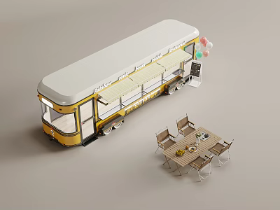 Yellow Mobile Food Truck With White Roof Awning Balloons And Outdoor Dining Table 3d model