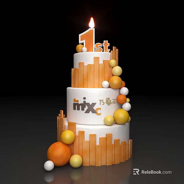 1st Anniversary Celebration Cake for Mixc with Three Layers and Orange Yellow Decorations 3d model 