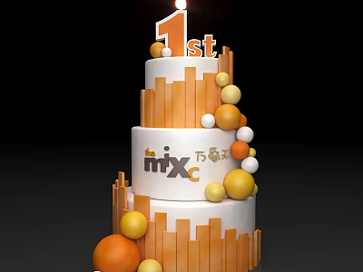 1st Anniversary Celebration Cake for Mixc with Three Layers and Orange Yellow Decorations 3d model