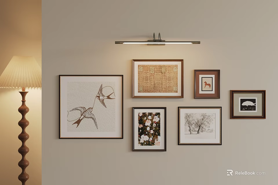 Elegant Photo Wall with Various Framed Artworks Different Sizes and Warm Lighting 3d model 