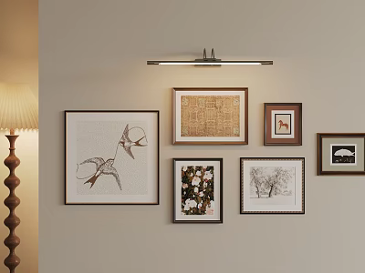Elegant Photo Wall with Various Framed Artworks Different Sizes and Warm Lighting 3d model