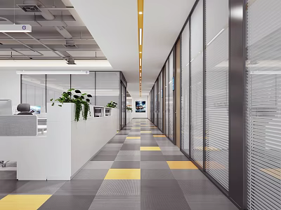 Modern Public Office Space Interior Design With Glass Partitions Yellow Patterned Flooring And Green Plants 3d model