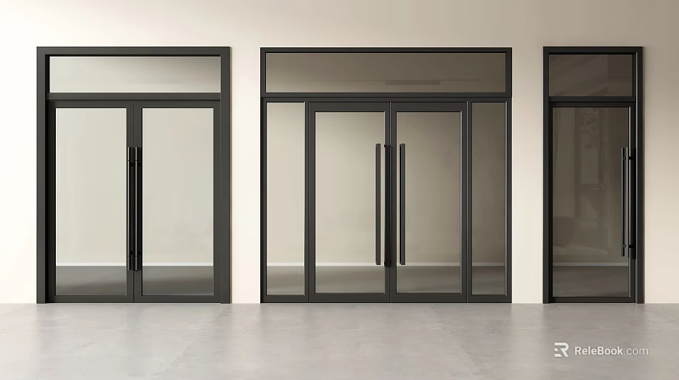 Elegant Modern Double Doors With Glass Panels And Black Frame Design 3d model 