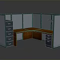 Modern Office Corner Desk With Wooden Top Partition Panels And Storage Drawers