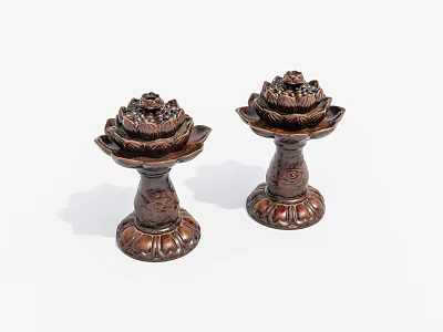Two Lotus Shaped Brass Candle Holders with Intricate Carvings on Base 3d model