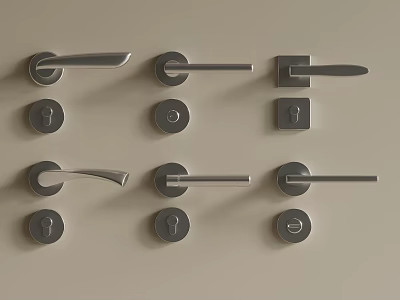 Silver Metal Door Handles With Various Designs And Lock Cylinders Neatly Arranged On Beige Background 3d model