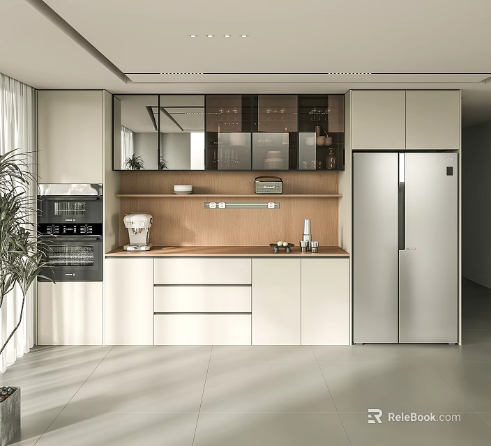Modern Kitchen Interior With Sleek Sideboard And Marble Countertop Storage Cabinets 3d model