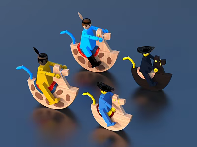 Colorful Character Figurine Decorative Ornament Set With Boat Shaped Wood Grain Base 3d model