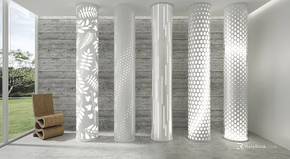 Decorative Ornament Set With White Pillars Various Perforated Designs Gray Brick Wall And Brown Scrolls 3d model 