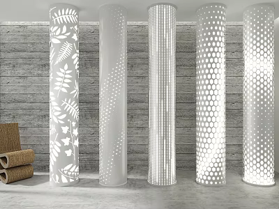 Decorative Ornament Set With White Pillars Various Perforated Designs Gray Brick Wall And Brown Scrolls 3d model