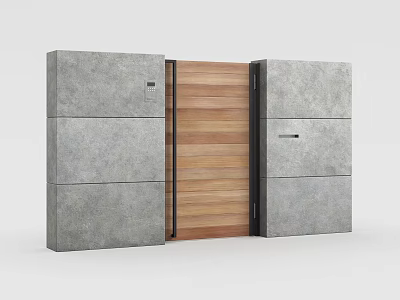 Modern Entrance Gate Design Featuring Concrete Panels And Wooden Sliding Door 3d model