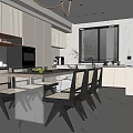 Modern Restaurant Kitchen Space Featuring Dining Table Chairs Cabinets And Pendant Lighting 3d model
