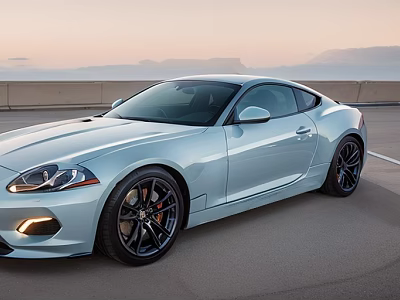 Light Blue Two Door Sports Car With Sleek Design Parked On Open Road At Sunset 3d model