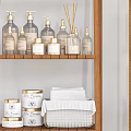 Organized Bathroom Cabinet Rack With Multi tiered Shelves Skincare Bottles Folded Towel And Containers