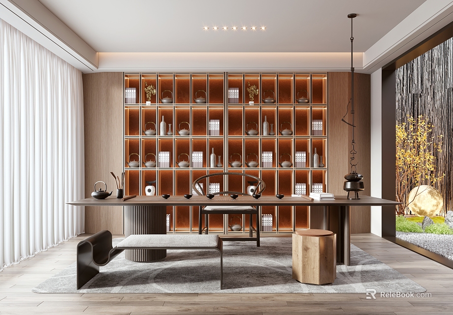 Modern Tea Room Interior With Wooden Shelves Displaying Tea Sets And Long Table 3d model 