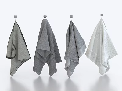 Soft Textured Gray And White Towels Hanging On Hooks Against Clean Minimalist Background 3d model