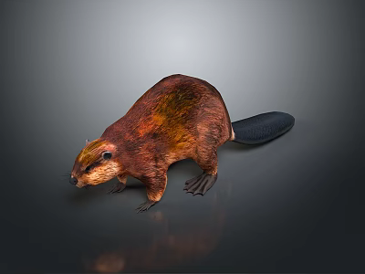 Realistic Beaver 3D Model With Brown Fur And Broad Black Tail On Gray Background 3d model