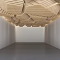 Modern Exhibition Hall Ceiling Design With Wooden Geometric Patterns And Lighting 3d model