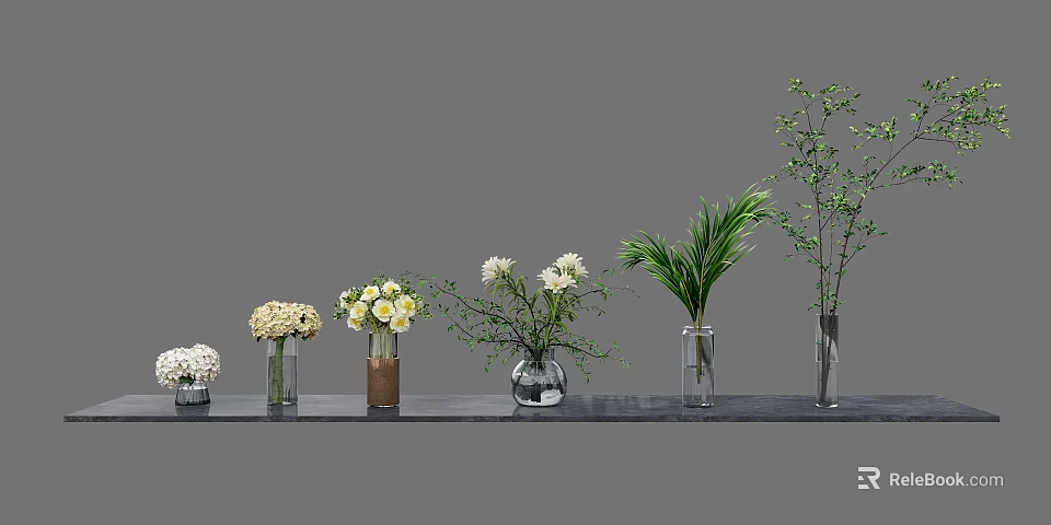 Various Vase And Flower Arrangement On Dark Table With Green Leaves And White Blooms 3d model 