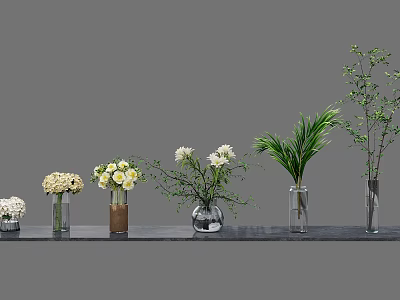 Various Vase And Flower Arrangement On Dark Table With Green Leaves And White Blooms 3d model