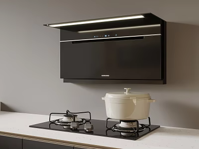 Modern Kitchen Equipped With Black Range Hood Gas Stove White Pot And Countertop 3d model