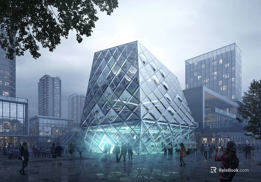 Modern Geometric Glass Office Building With Transparent Illuminated Facade And Urban Pedestrians 3d model 