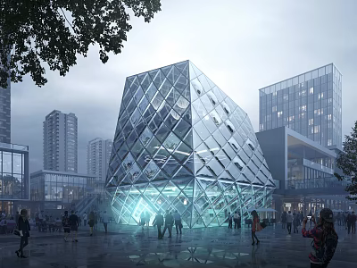 Modern Geometric Glass Office Building With Transparent Illuminated Facade And Urban Pedestrians 3d model