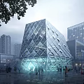 Modern Geometric Glass Office Building With Transparent Illuminated Facade And Urban Pedestrians