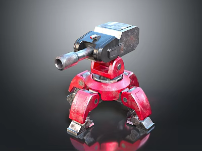 Red Mechanical Device With Black Top And Cannon Barrel On Reflective Base 3d model
