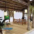 Rustic Thatch Roof Canopy with Wooden Columns Tables Chairs and Decorative Plants for Outdoor Lounge