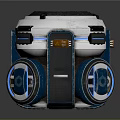 Futuristic Mechanical Device With Wheels Display Screen White Blue Accents And Control Panel